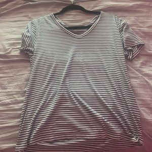 A blue and white stripped short sleeve